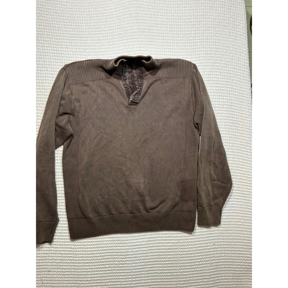 FX Fusion Sweater Mens Large Brown Good Quarter Button Ribbed Knit Mock Neck